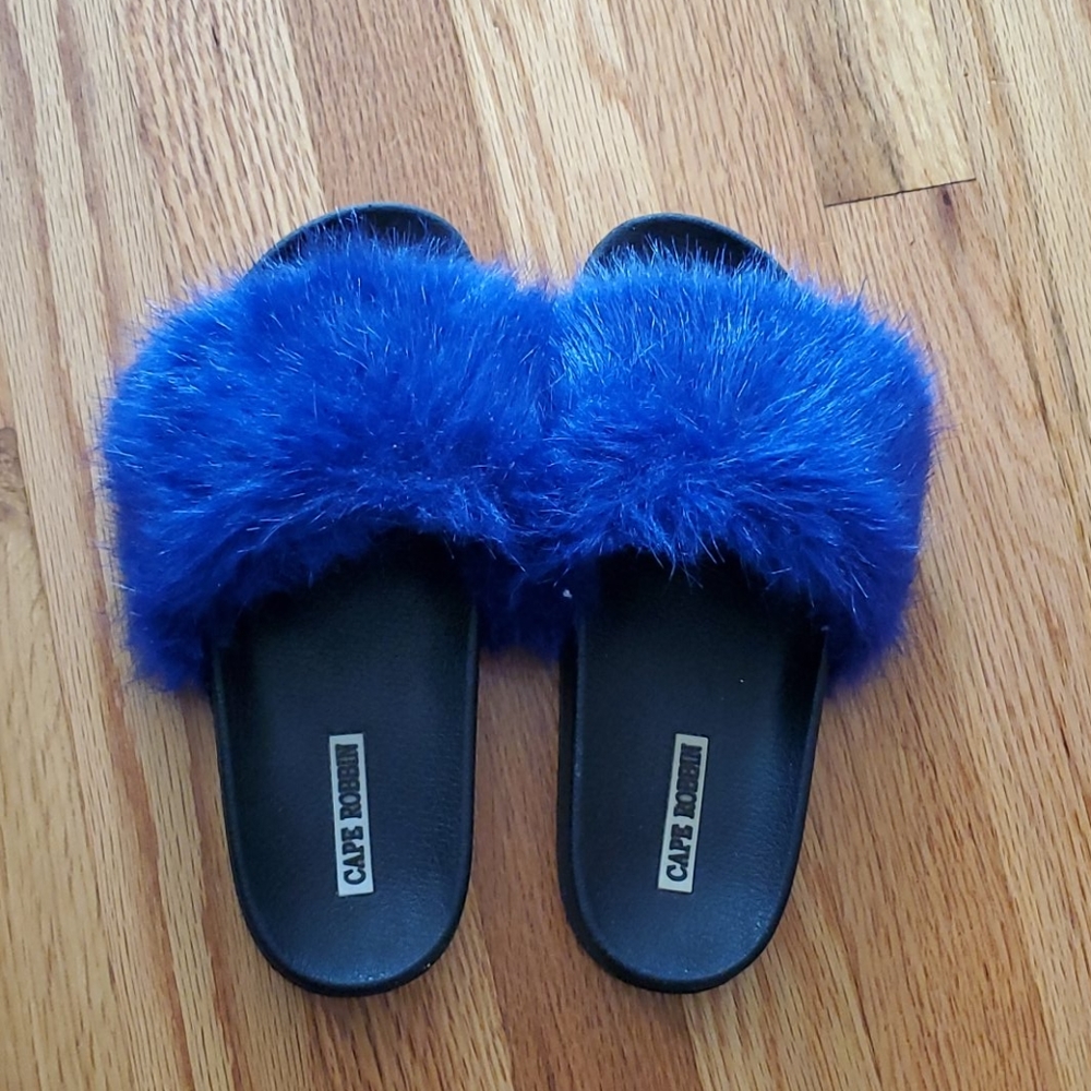Blue fuzzy slides